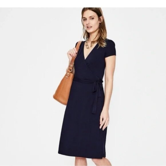 Boden Mira Ponte True Wrap Dress Knee Length Navy Size 8R Short Sleeve - Picture 1 of 11